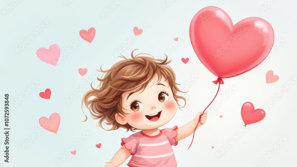 cheerful girl holding heart shaped balloon surrounded by hearts cheerful girl holding heart shaped balloon surrounded by hearts