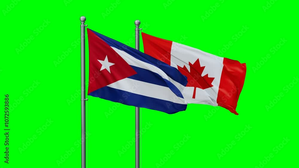 Canada and Cuba flags flying together, video concept of the relationship with colored chroma key for easy background remove, two country cooperation concept Canada and Cuba flags flying together, video concept of the relationship with colored chroma key for easy background remove, two country cooperation concept