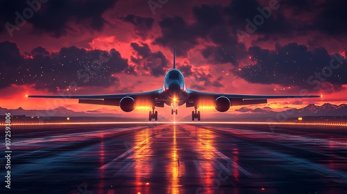 futuristic airplane with neon runway lights at night