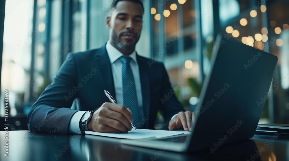 Fototapeta premium Businessman signing document at desk with laptop, indoor office environment, serious expression