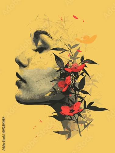 Double exposure portrait of a woman with flowers in her hair. Vector illustration.