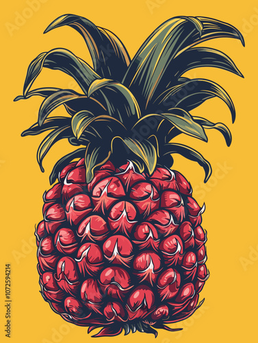 Pineapple vector illustration isolated on yellow background. Hand drawn sketch style.