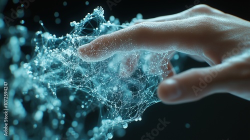 Close-up of hand touching futuristic digital network with connected dots