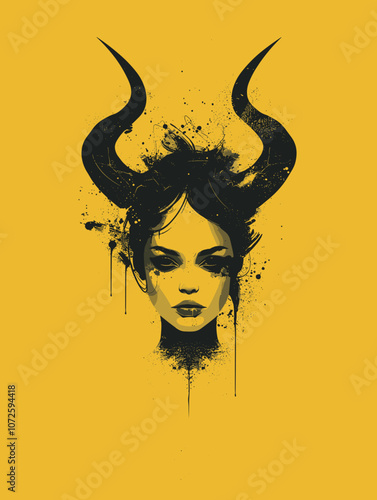 Grunge illustration of a woman with horns on her head.