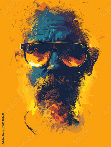 Man with a beard and glasses is the main subject of the image. The man is wearing sunglasses and has a beard that is quite prominent. The image has a somewhat abstract and artistic feel to it