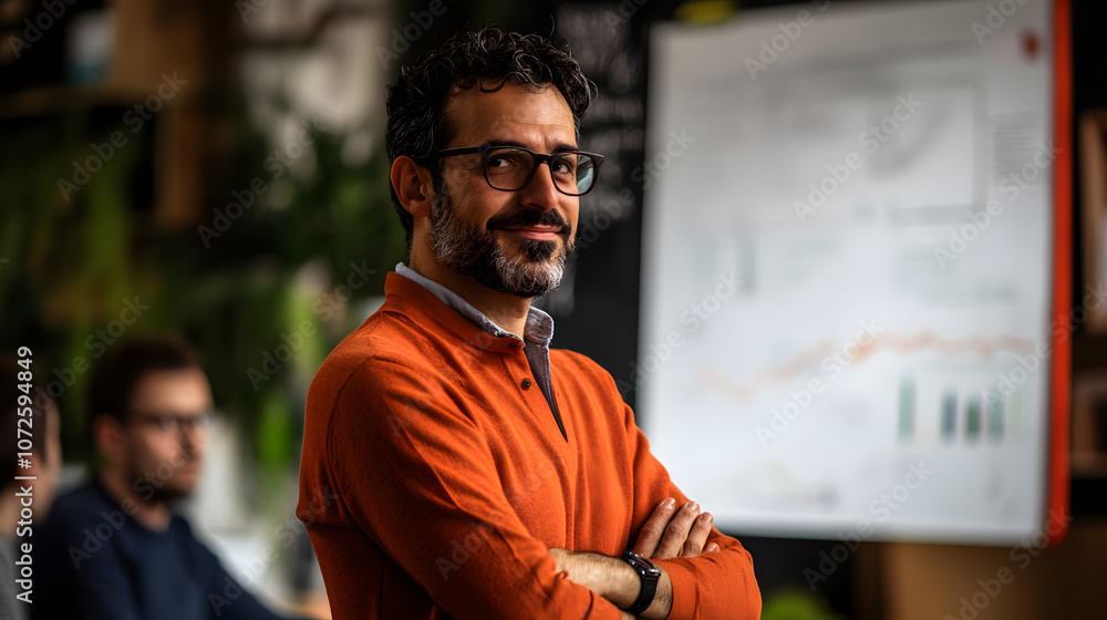 Confident businessman smiling at camera with arms crossed, standing in office with colleagues in the background. Confident businessman smiling at camera with arms crossed, standing in office with colleagues in the background.