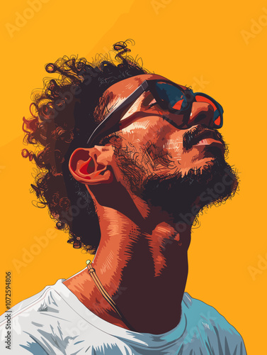 Stylish hipster man with curly hair and sunglasses. Vector illustration