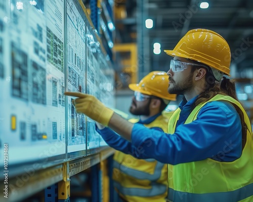 Workers using collaborative whiteboards to plan warehouse workflow, Planning, Creative and effective photo