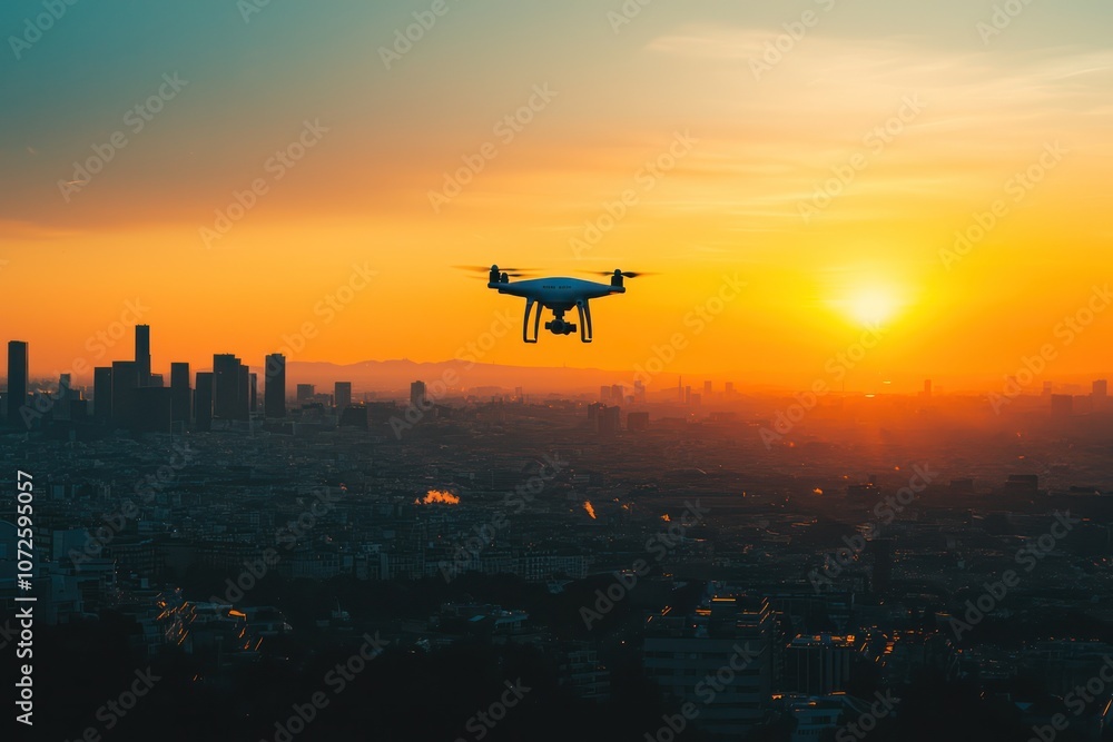 Drone silhouette flying over a cityscape at sunset, capturing the essence of modern surveillance and technology. Drone silhouette flying over a cityscape at sunset, capturing the essence of modern surveillance and technology.