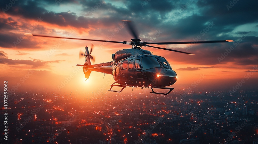A helicopter flying over a city at sunset. A helicopter flying over a city at sunset.