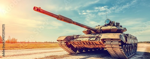 A military tank positioned on a dirt road under a clear sky, showcasing its powerful design. photo