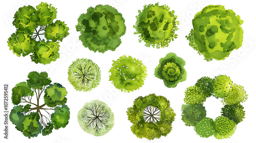 Set of abstract watercolor green tree top view isolated on white background for landscape plan and architecture layout drawing,elements for environment and garden close up