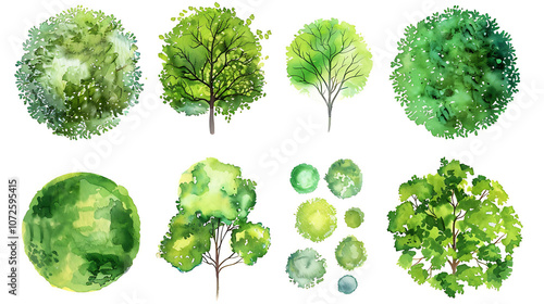 Set of abstract watercolor green tree top view isolated on white background for landscape plan and architecture layout drawing,elements for environment and garden close up