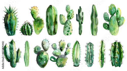 A set of castus plants illustrations. Vectorized gouache illustrations. Collection of isolates for labels, prints, banners. Watercolor illustration on white background photo