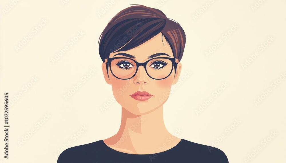 Elegant Woman with Glasses Looking at Camera - An elegant flat design of a young woman with short hair and glasses looking at the camera against a light background. Elegant Woman with Glasses Looking at Camera - An elegant flat design of a young woman with short hair and glasses looking at the camera against a light background.
