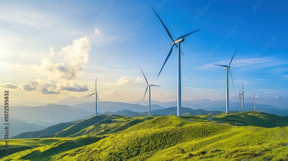 Epic view of wind turbines majestically standing against a vibrant blue sky, generating clean energy in a lush green landscape Epic view of wind turbines majestically standing against a vibrant blue sky, generating clean energy in a lush green landscape