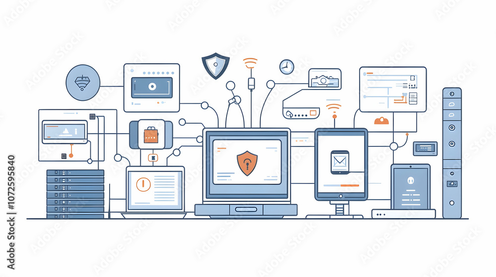 Illustration of EDR (Endpoint Detection and Response) Cybersecurity Technology Demonstration – Central Security System Analyzing and Responding to Threats in Real-Time Across Multiple Devices Illustration of EDR (Endpoint Detection and Response) Cybersecurity Technology Demonstration – Central Security System Analyzing and Responding to Threats in Real-Time Across Multiple Devices