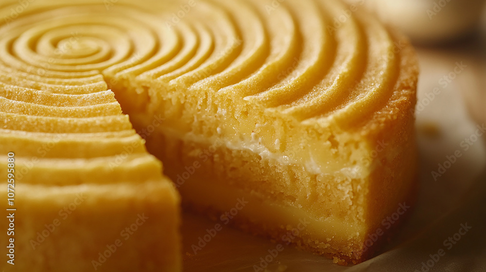 Fototapeta premium Golden Baumkuchen cut into slices soft and layered