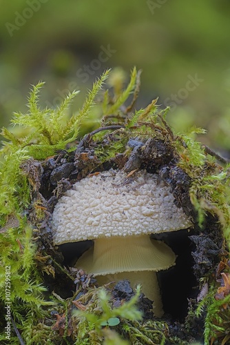 A tiny grey spotted Amanita breaking through a thick layer of moss