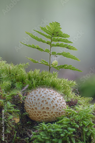 A small puffball in front of a single fern