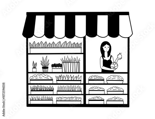 Market stall in doodle style with a cute saleswoman girl. Hand drawn illustration, black line. Fair, stall, stand, market tent