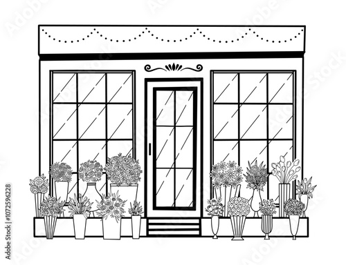 Flower shop facade Vector illustration delicate decor hand drawn. Vector illustration doodle style. Aesthetic line