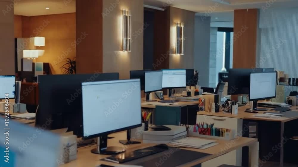 Professional office setup with sleek desks, monitors, and organized workspace. Professional office setup with sleek desks, monitors, and organized workspace.