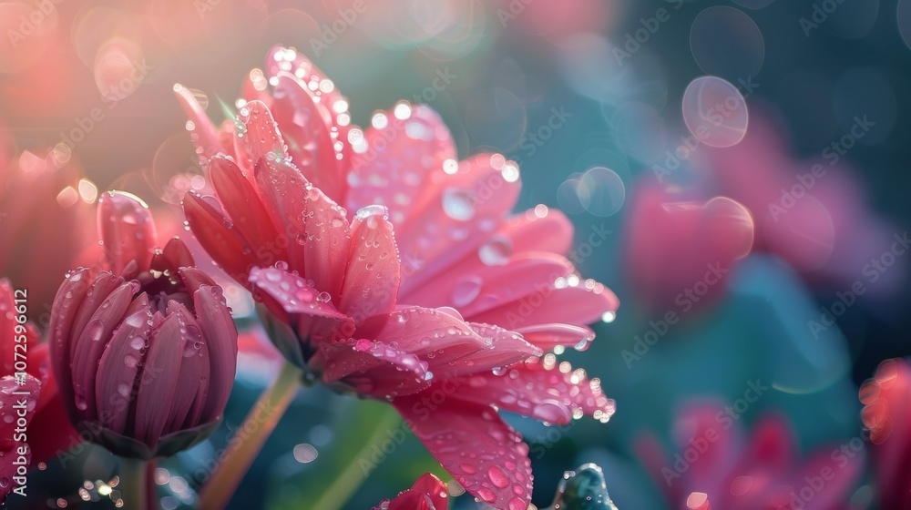 Close-up of dew-covered pink flowers in soft morning light