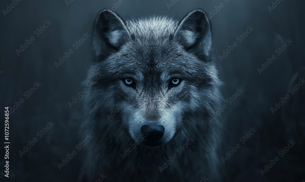 A lone wolf with piercing blue eyes stares intently at the camera, its fur blending into the foggy, shadowy background.
