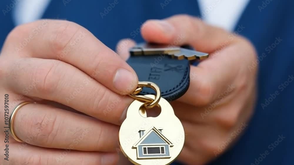 Real estate agent handing over keys to new homeowner with house keychain in focus Real estate agent handing over keys to new homeowner with house keychain in focus