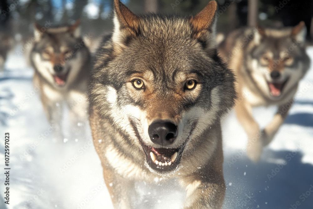 Three wolves are running in the snow