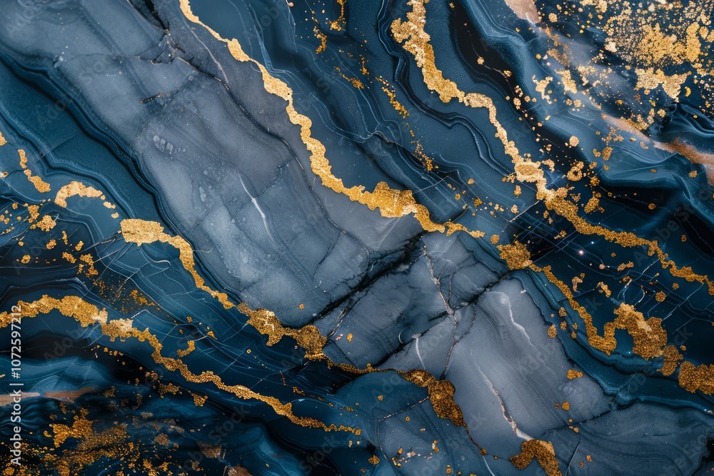 Fototapeta premium Navy blue dark marble pattern with golden veins. Detailed photo textured background