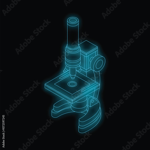 Neon blue outline of a microscope glowing on a black background, representing scientific research and discovery