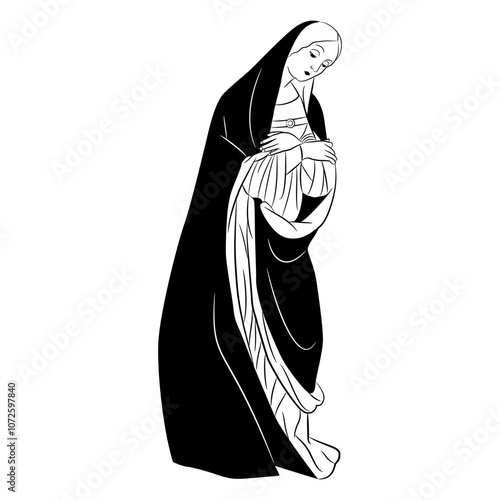 Holy Virgin Mary. Christian saint lady. Pious medieval woman. Black and white silhouette.