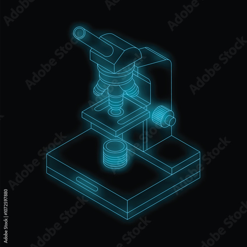 Neon blue microscope is glowing on a dark background representing scientific research and discovery