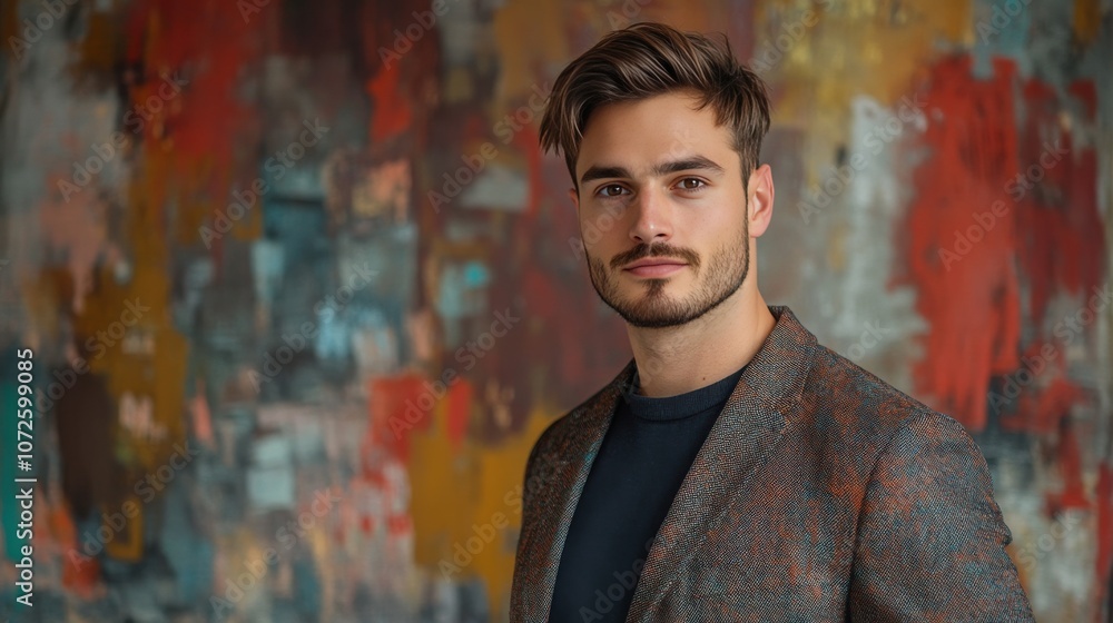 Fototapeta premium Stylish Young Man Posing Against a Colorful Abstract Background in a Modern Setting