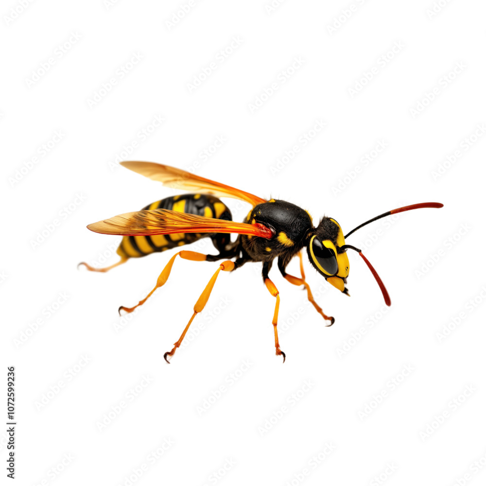 Wasp with black yellow and orange striped body, thin waist and long red antennas on transparent background. Insect wings spread out, legs stretched. Close-up of wasp detail. Macro photography. Cut out Wasp with black yellow and orange striped body, thin waist and long red antennas on transparent background. Insect wings spread out, legs stretched. Close-up of wasp detail. Macro photography. Cut out