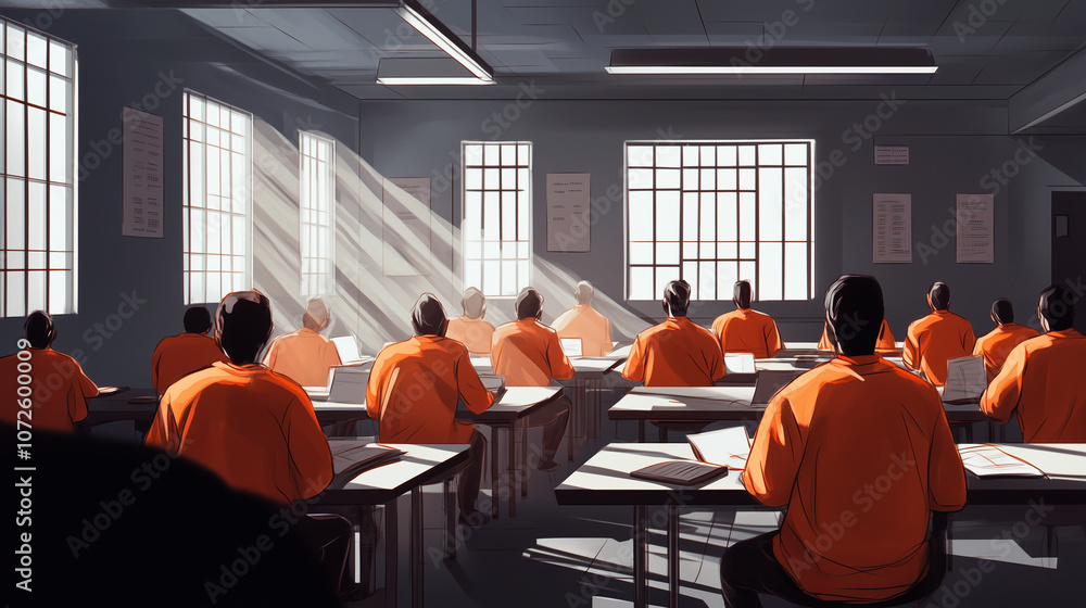 Prisoners are studying in a prison study room, wearing orange jumpsuits, with sunlight streaming through the barred windows Prisoners are studying in a prison study room, wearing orange jumpsuits, with sunlight streaming through the barred windows