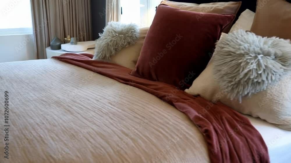 Bedroom design transformation featuring new bedding, pillows, and cushions, highlighting style, comfort, and a modern, elegant atmosphere. Bedroom design transformation featuring new bedding, pillows, and cushions, highlighting style, comfort, and a modern, elegant atmosphere.