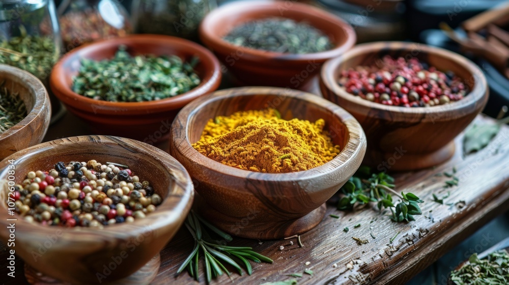 Assorted spices in wooden bowls on rustic background Assorted spices in wooden bowls on rustic background