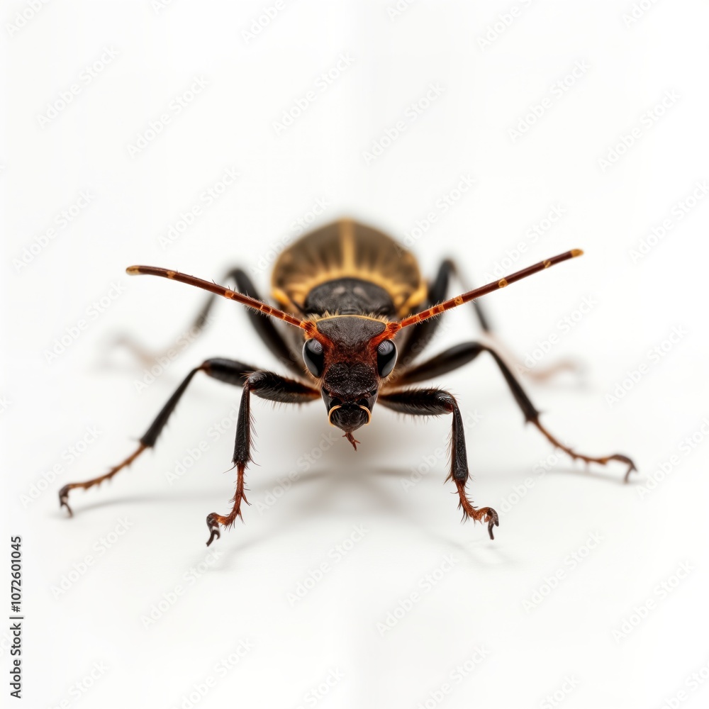 Close up of a beetle with yellow and black stripes on its back. The insect is facing the camera with its legs outstretched. The photo was taken against a white background. Close up of a beetle with yellow and black stripes on its back. The insect is facing the camera with its legs outstretched. The photo was taken against a white background.