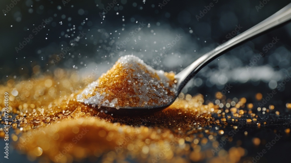 Close-up of brown sugar and salt on a spoon with particles in motion Close-up of brown sugar and salt on a spoon with particles in motion