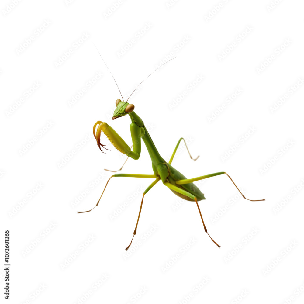 Green praying mantis insect on isolated transparent background. Close up of praying mantis with sharp claws and long legs. Isolated insect, studio photo, green nature animal with natural colors. Png. Green praying mantis insect on isolated transparent background. Close up of praying mantis with sharp claws and long legs. Isolated insect, studio photo, green nature animal with natural colors. Png.