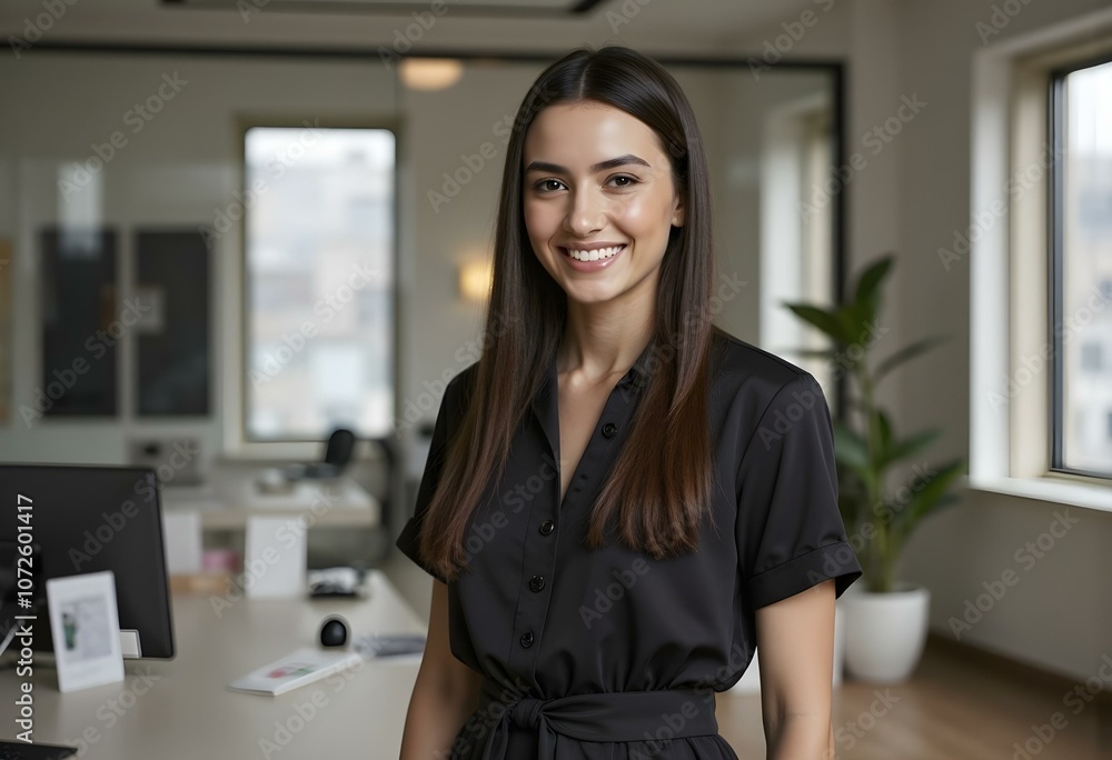 Portrait of beautiful young business woman standing while smiling looking at camera in the office Portrait of beautiful young business woman standing while smiling looking at camera in the office