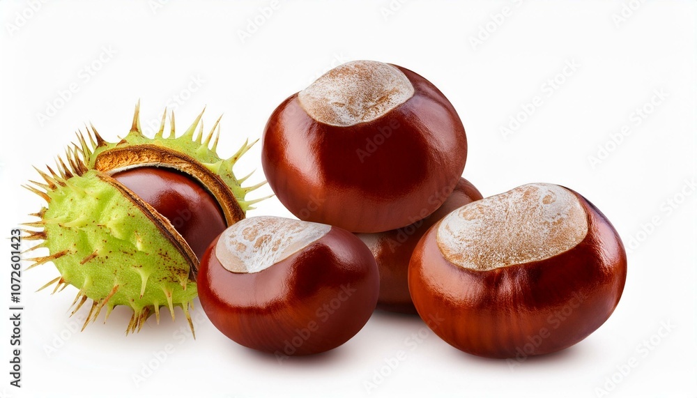 group of horse chestnuts in a prickly shell aesculus hippocastanum isolated on white background close up group of horse chestnuts in a prickly shell aesculus hippocastanum isolated on white background close up