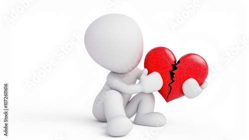 3D character holding broken red heart, symbolizing heartbreak and sadness