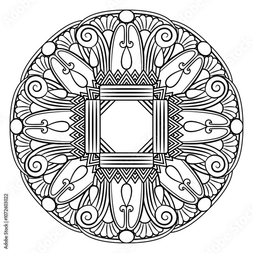 Round geometrical mandala with ethnic ancient Egyptian motifs. Circular frame with stylized lotus flowers. Black and white silhouette.