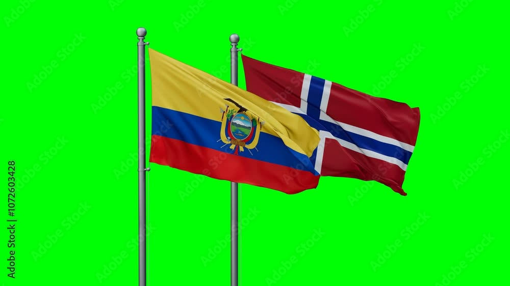 Norway and Ecuador flags flying together, video concept of the relationship with colored chroma key for easy background remove Norway and Ecuador flags flying together, video concept of the relationship with colored chroma key for easy background remove