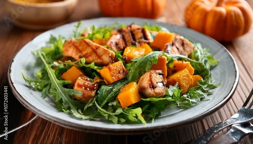 vibrant autumn salad featuring succulent grilled chicken chunks and roasted butternut squash cubes tossed with fresh arugula creating a perfect balance of flavors and textures