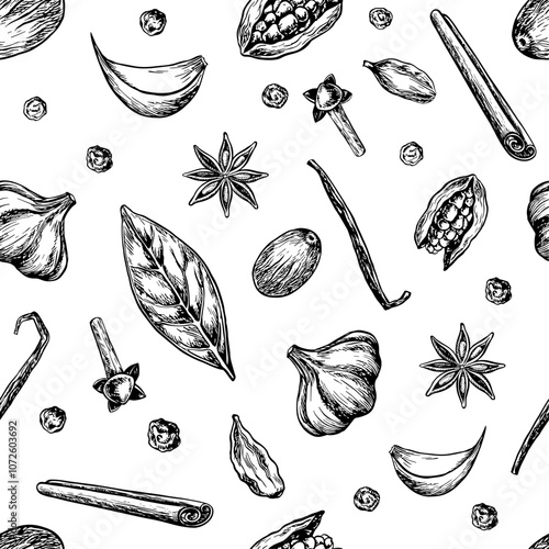Seamless pattern with spices. Vector graphics with the image of aromatic culinary spices of different types. Black and white hand-drawn illustrations. On a white background. For menus, textiles, label